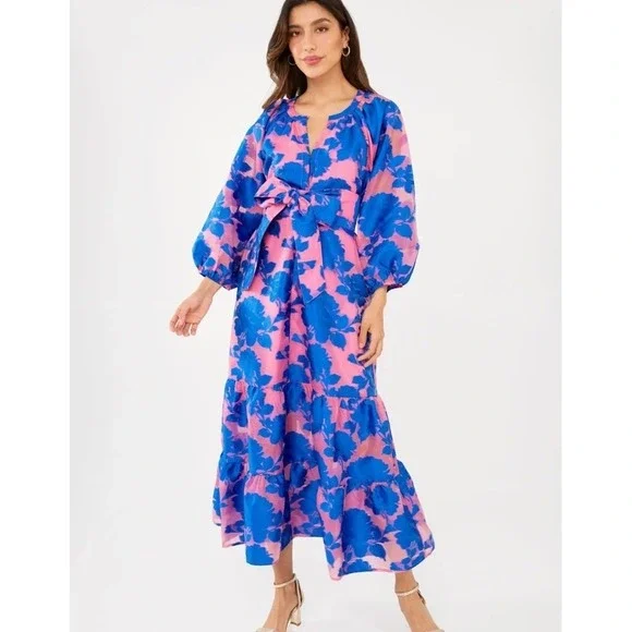 NEW Abbey Glass x Tuckernuck Elise Dress Pink and Blue Tea Rose Organza XL$365 - Picture 1 of 13